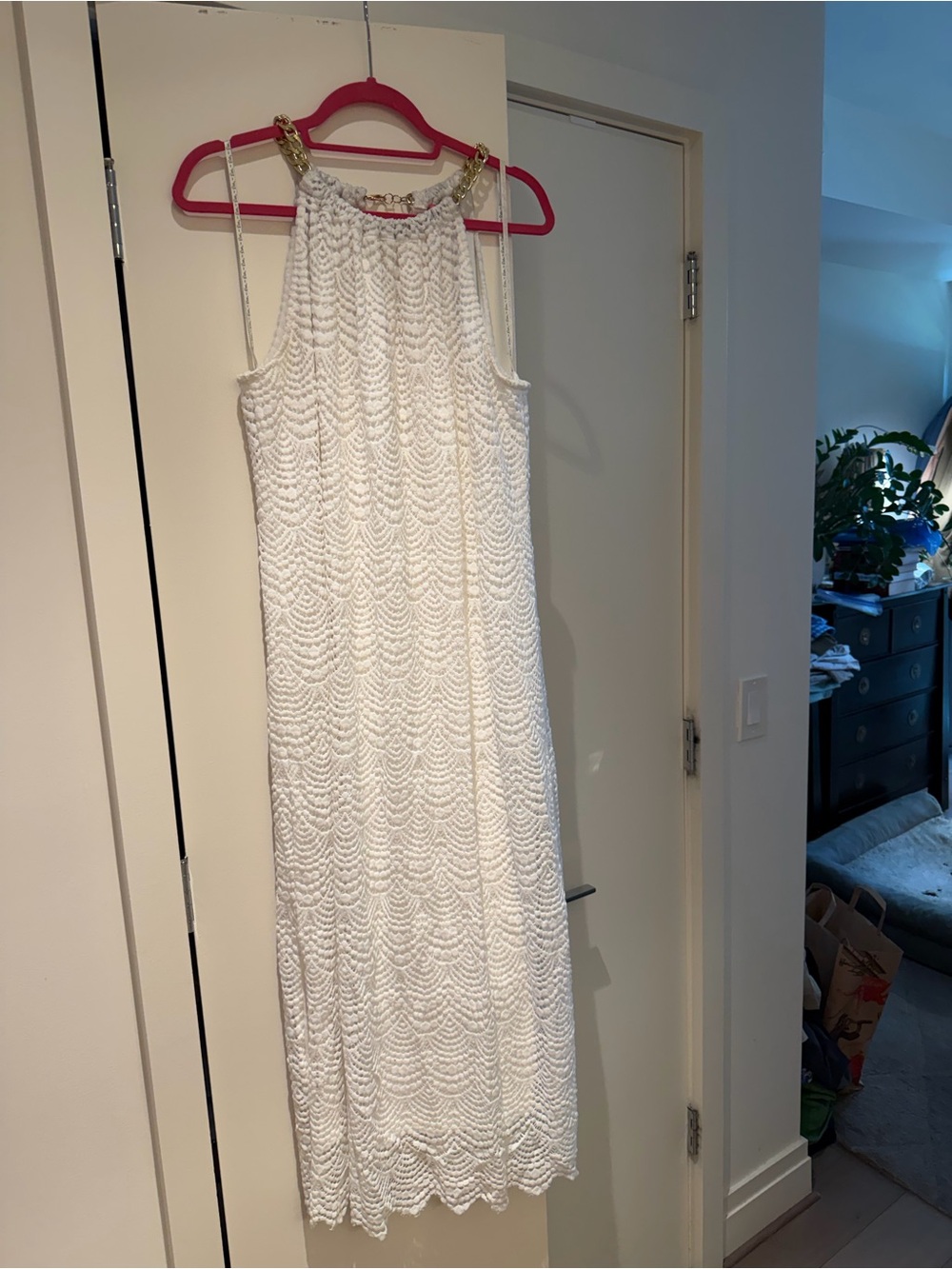 Lilly Pulitzer Bingham midi White Lace Maxi Dress with Gold Chain Straps size xl